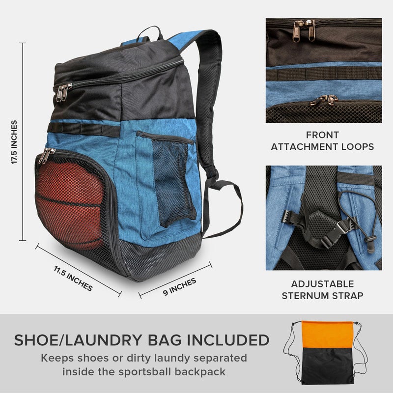 Xelfly Basketball Backpack with Ball Compartment â€“ Sports Equipment Bag for Soccer Ball, Volleyball, Gym, Outdoor, Travel, Team â€“ 2 Bottle Pockets, Includes Laundry or Shoe Bag â€“ 25L (Blue) - Image 5
